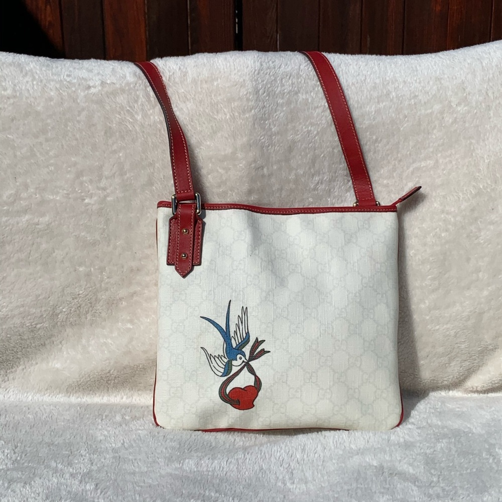 Gucci White & Red Crossbody Bag with Bird Motif